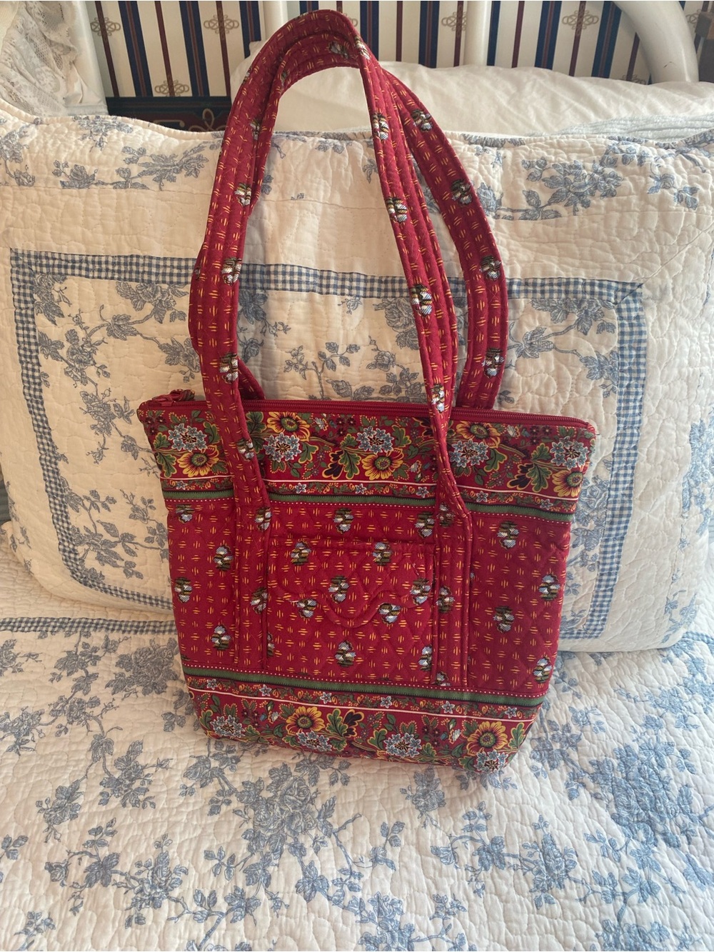 Vera Bradley Vintage Provincial Red Petite Villager Tote Shoulder Bag